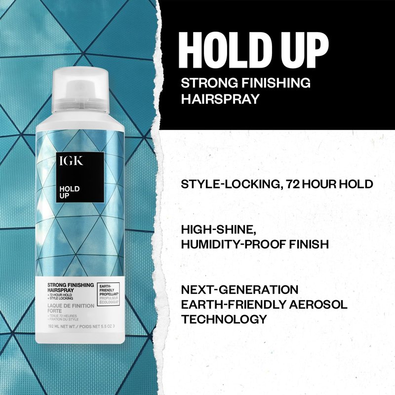 IGK HOLD UP Strong Hold Finishing Hairspray | Strong Hold + No Crunch + High Gloss | Vegan + Cruelty-Free | 5 Oz