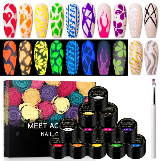 Glow in the Dark Paint for Nail Art Kit, 12 Colors Neon Luminous Polish, Fluorescent Bright Colors Yellow Green Blue Orange Soak off UV Gel With Glow Effect