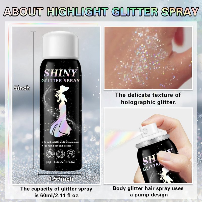 IONSGAKO Body Glitter Spray, 60ML Shiny Silver Glitter Spray for Hair Body and Clothes,Long-Lasting Quick-Drying Holographic Ultra Fine Powder Glitter Hairspray for Festival Rave Stage Prom 2.11 Fl Oz