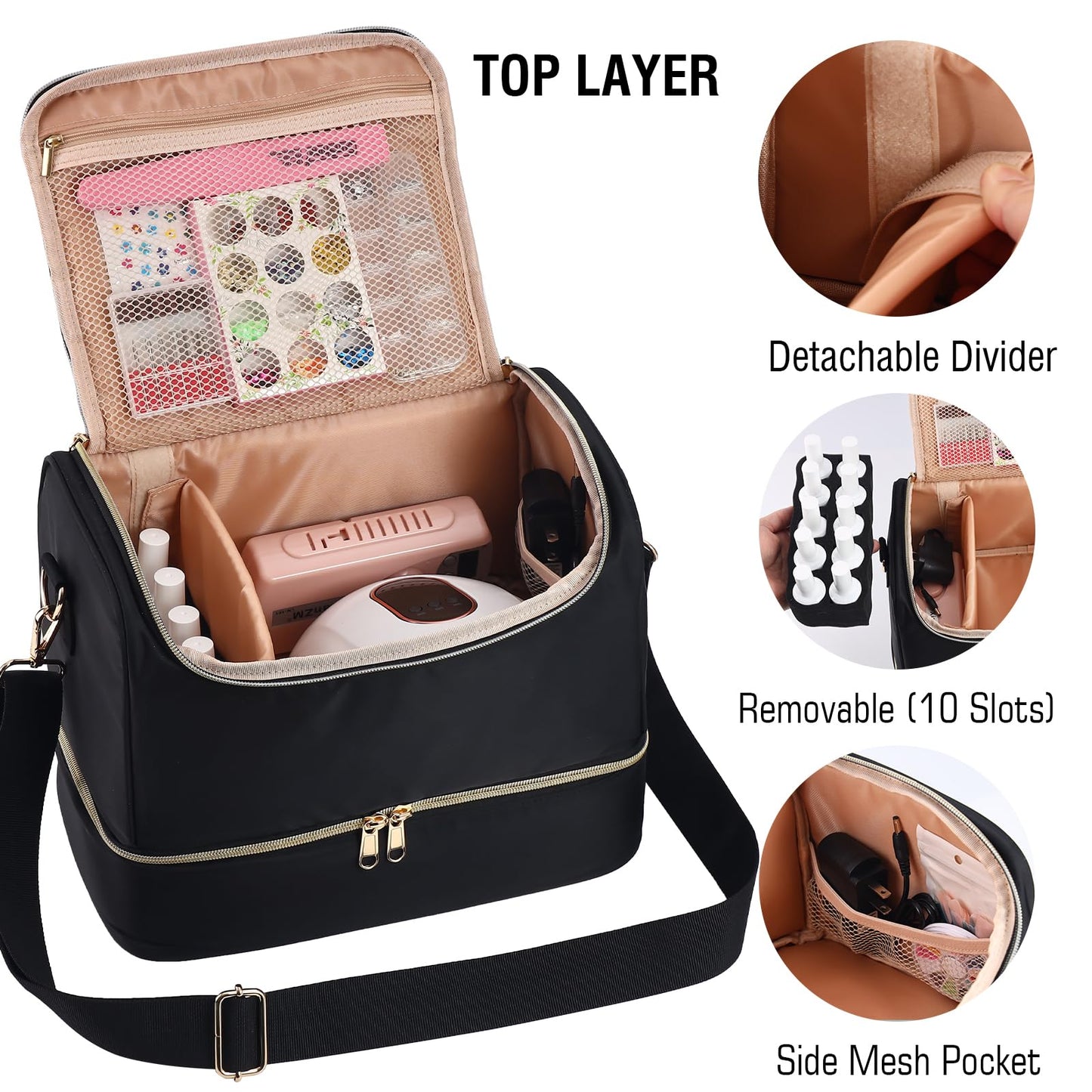 GR69N Nail Polish Organizer Bag,Double Layer Nail Polish Storage Fits a Nail Lamp and 40 Bottles,Great Size Nail Storage Organizer For Nail Drill,Nail Supplies Set (Bag Only)-Black