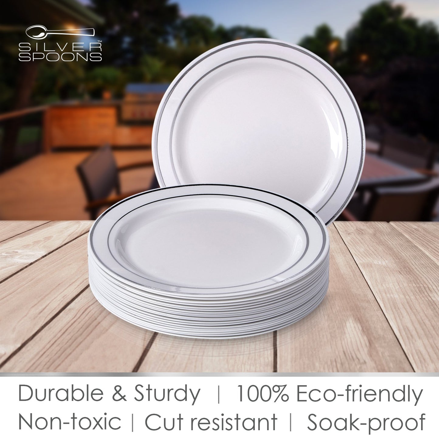 Silver Spoons DISPOSABLE DINNERWARE SET, 10 Salad Plates (Silver Glare, 7.5')