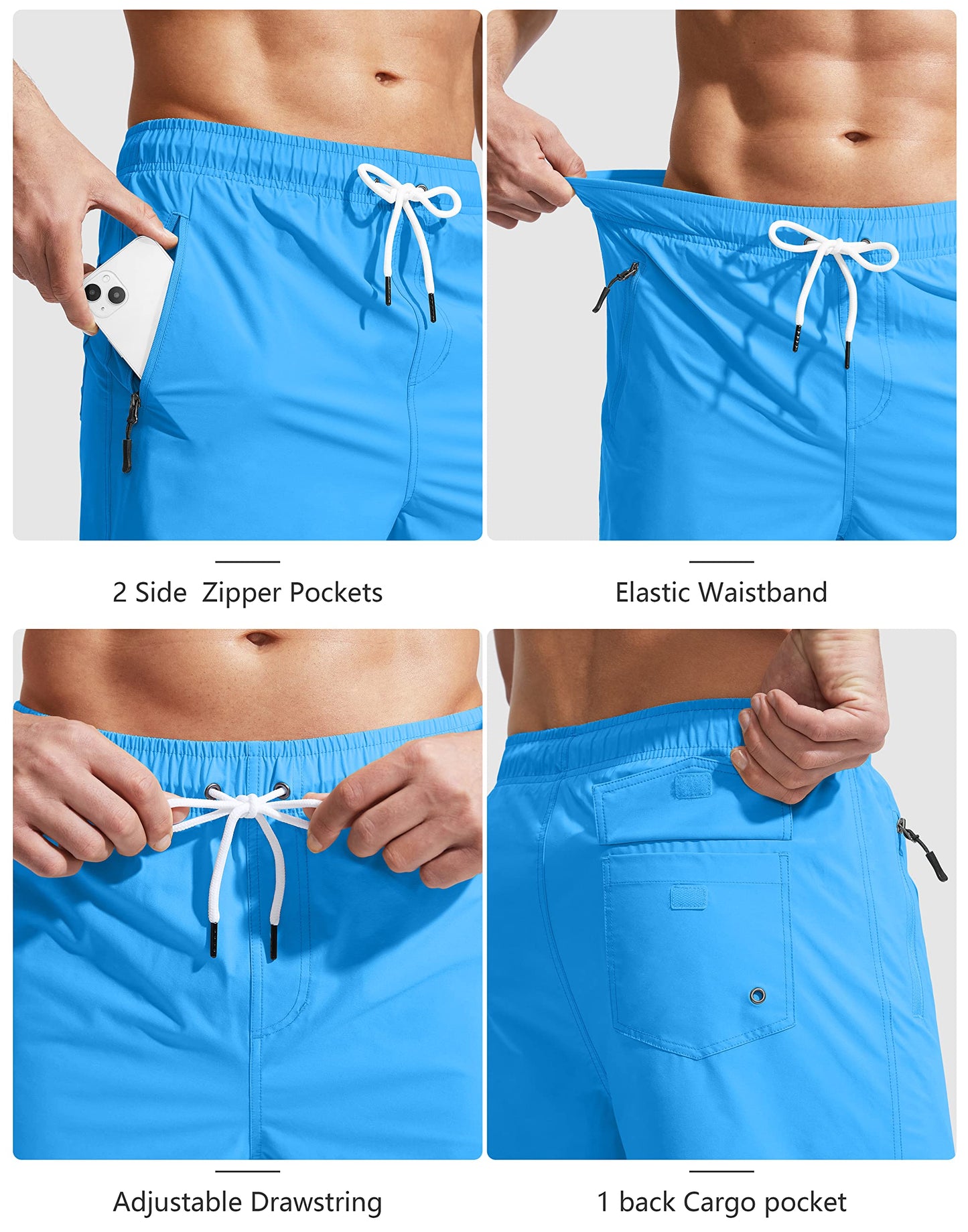 Viodia Men's Swim Trunks with Compression Liner Quick Dry Board Shorts Swimsuit Swimwear for Men with Zipper Pockets Blue