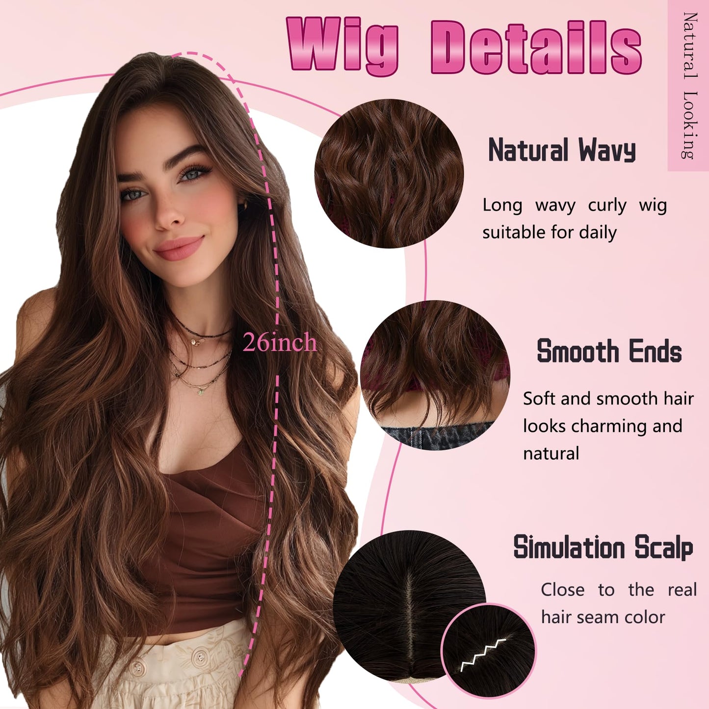 Ombre Brown Wigs for Women Long Wavy Wig Middle Part 26 Inch Ombre Wigs for White Women Brown Curly Wig Layered Brunette Wigs Synthetic Natural Looking Hair Replacement Wigs for Girls Daily Party Use
