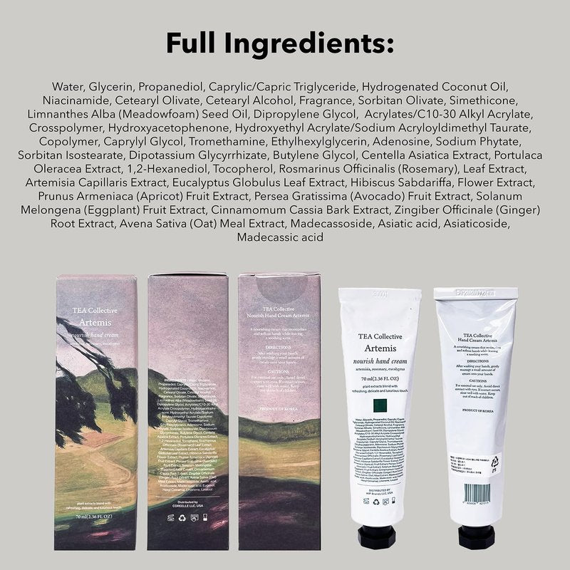 TEA Collective Artemis Nourish Hand Cream | Artemisia, Rosemary, Eucalyptus | 2.36 Fl Oz | Product of Korea
