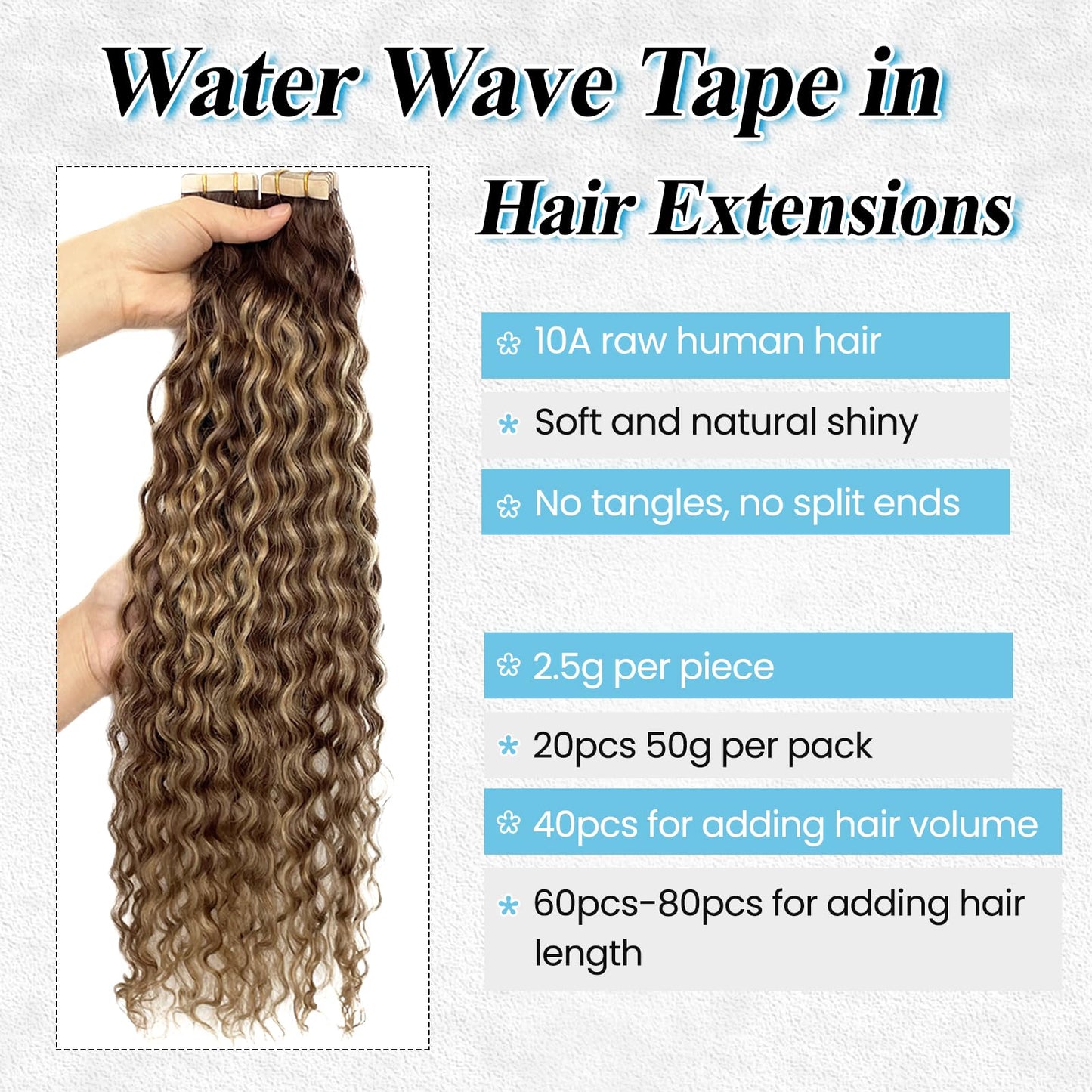 Honey Blonde Highlight Water Wave Tape in Human Hair Extensions Tape ins Real Human Hair Extensions for Black Women Ombre Brown with Caramel Blonde Highlight Loose Curly Skin Weft Hair Extension 12”