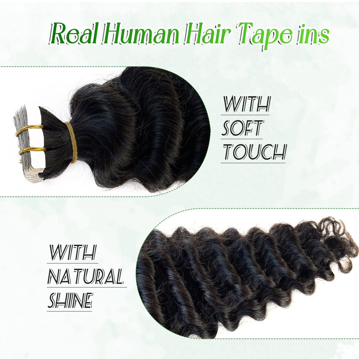 Deep Wave Tape in Hair Extensions Human Hair, Black Hair Extensions Real Remy Human Hair Curly Tape ins for Black Women, 50g/pack 20pcs Double Sided Invisible Tape Hair Extension 14 Inch