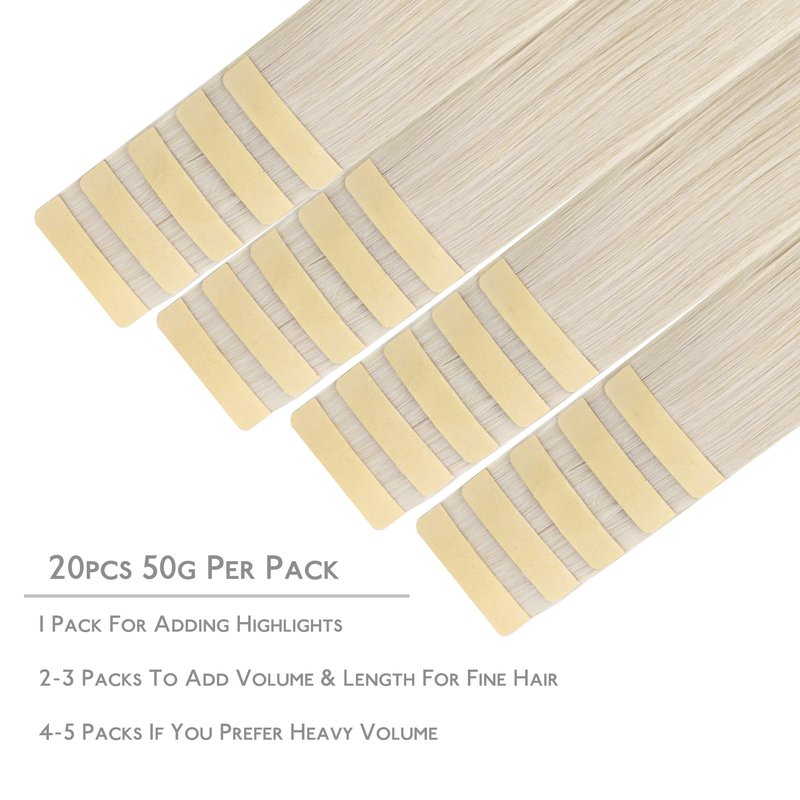 WENNALIFE Tape in Hair Extensions Human Hair, 20pcs 50g 18 inch Platinum Blonde Remy Hair Extensions Straight Human Hair Tape in Extensions Skin Weft Tape Extensions Human Hair