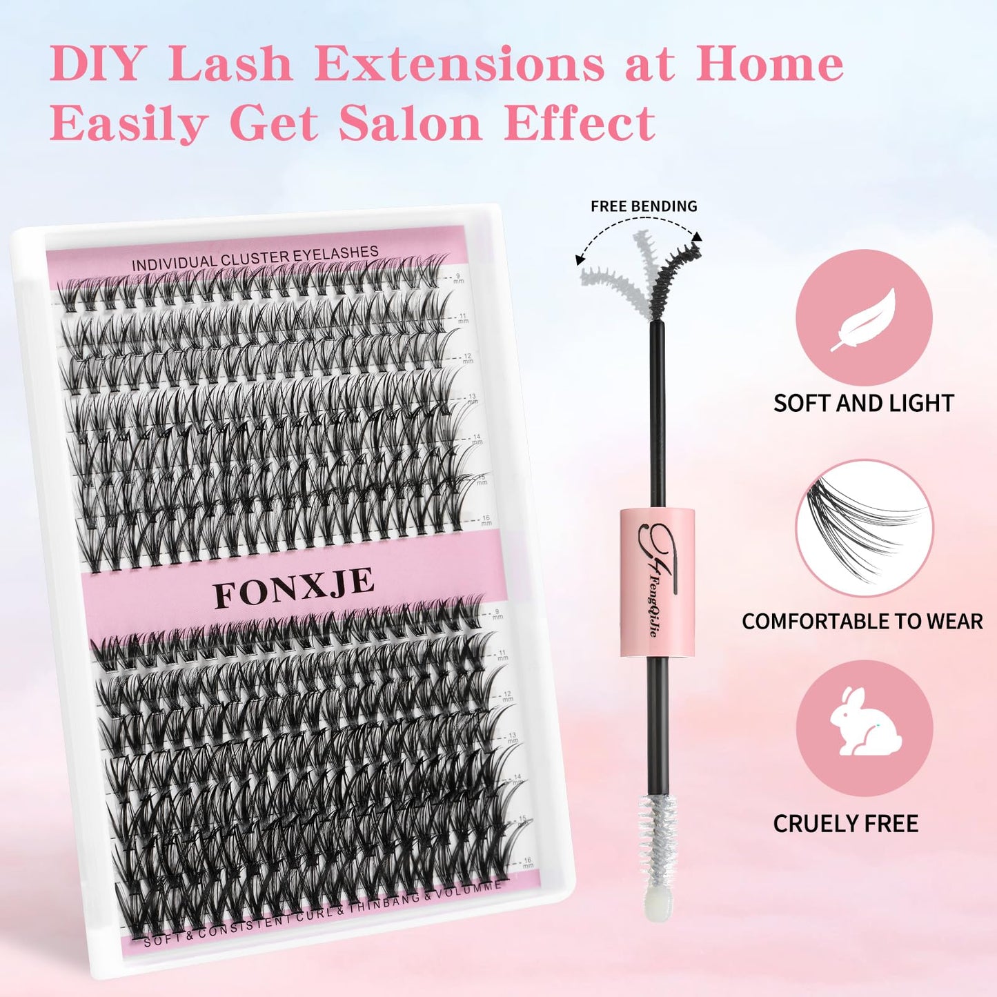 FONXJE DIY Lash Clusters Kit for At-Home Eyelash Extensions | 280 Cluster Lashes (9mm-16mm) with Lash Glue, Bond Sealer & Tweezers | Reusable Cluster Lash Extension Kit for Natural Volume(30D+40D)