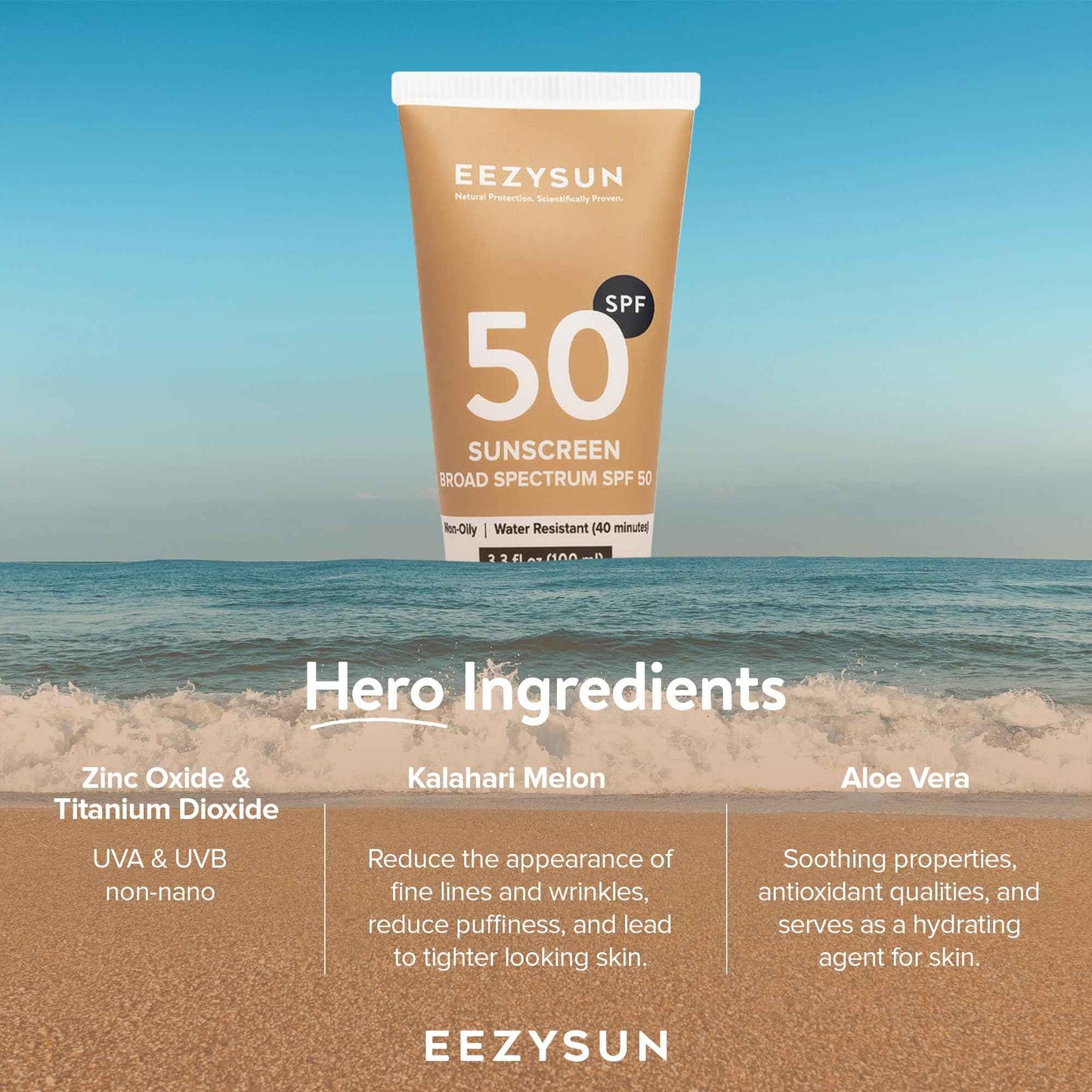 EEZYSUN Mineral SPF 50 Sunscreen | Infused with Aloe Vera | Vegan and Cruelty-Free | Hawaii 104 Reef Act Compliant | Broad Spectrum with UVA/UVB Protection | Natural & Non-Oily | 3.3 FL OZ