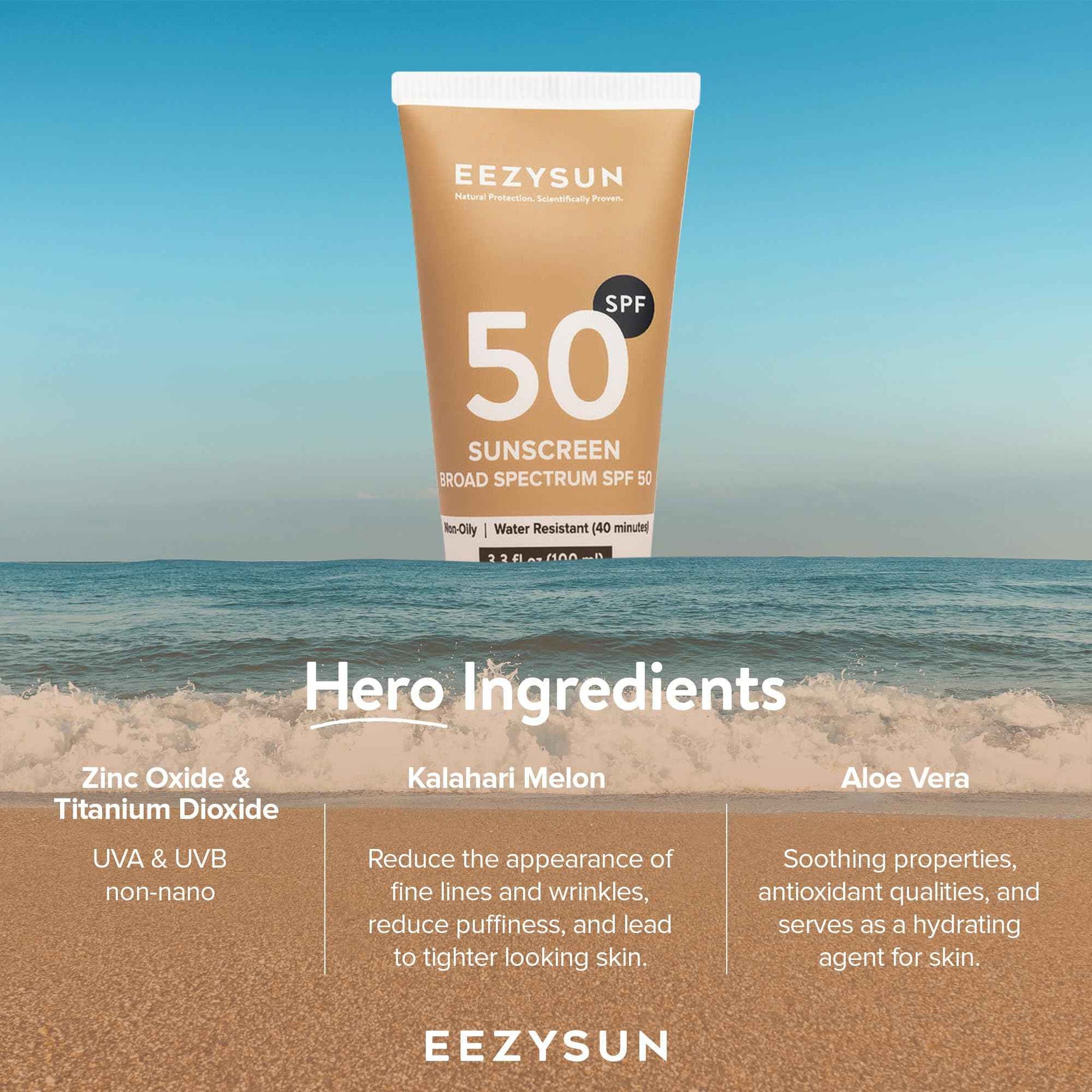 EEZYSUN Mineral SPF 50 Sunscreen | Infused with Aloe Vera | Vegan and Cruelty-Free | Hawaii 104 Reef Act Compliant | Broad Spectrum with UVA/UVB Protection | Natural & Non-Oily | 3.3 FL OZ