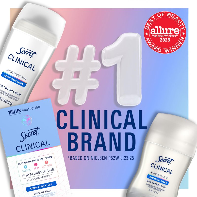 Secret Clinical Strength 100HR Sweat & Odor, Clear Gel Antiperspirant Deodorant for Women, 3X Stress Protection with Hyaluronic Acid, PH Balancing Minerals, Completely Clean Scent, 2.6 oz