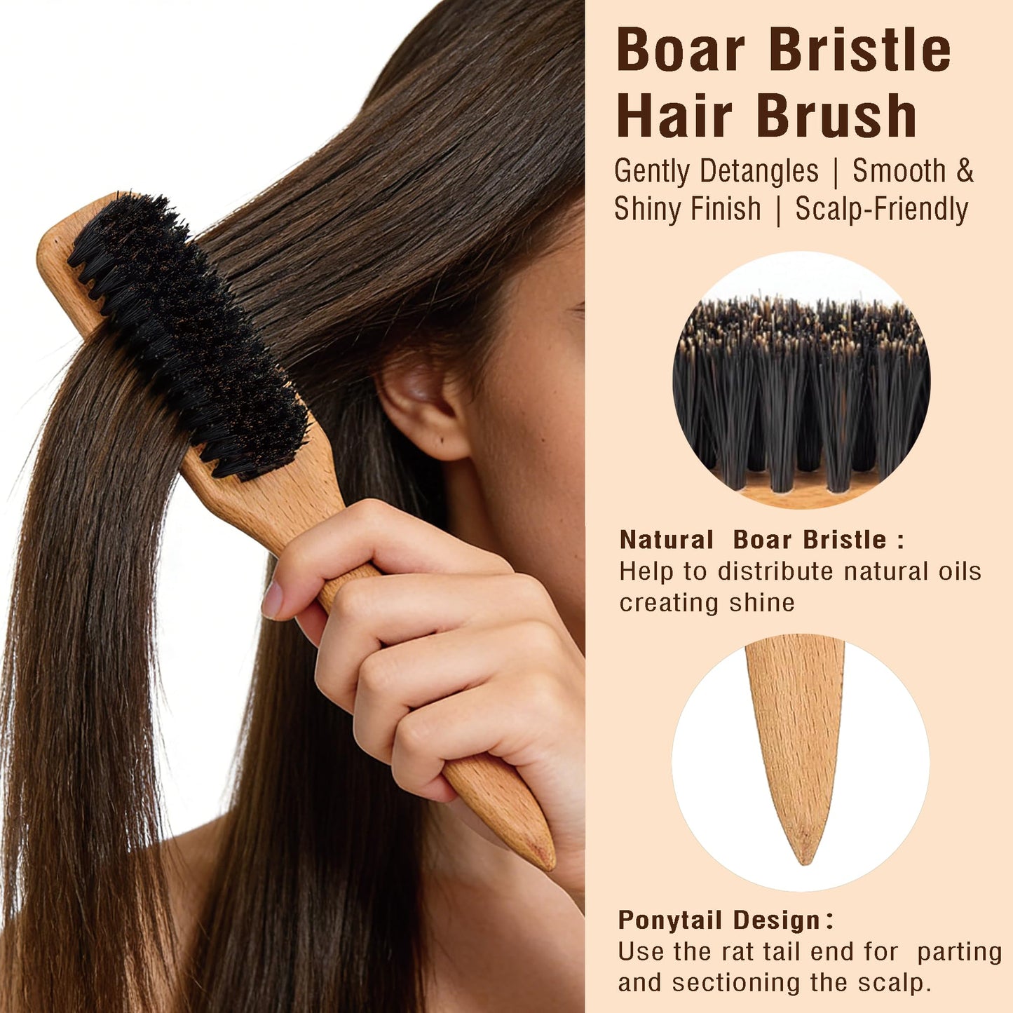 BlueForest Era Slick Back Hair Brush, Boar Bristles Smoothing Hair Brushes & Black Rat Tail Comb, Natural Wooden Hair Brush for Men Women, Soft & Hard Bristles Brush for Hair Smooth Flyaways