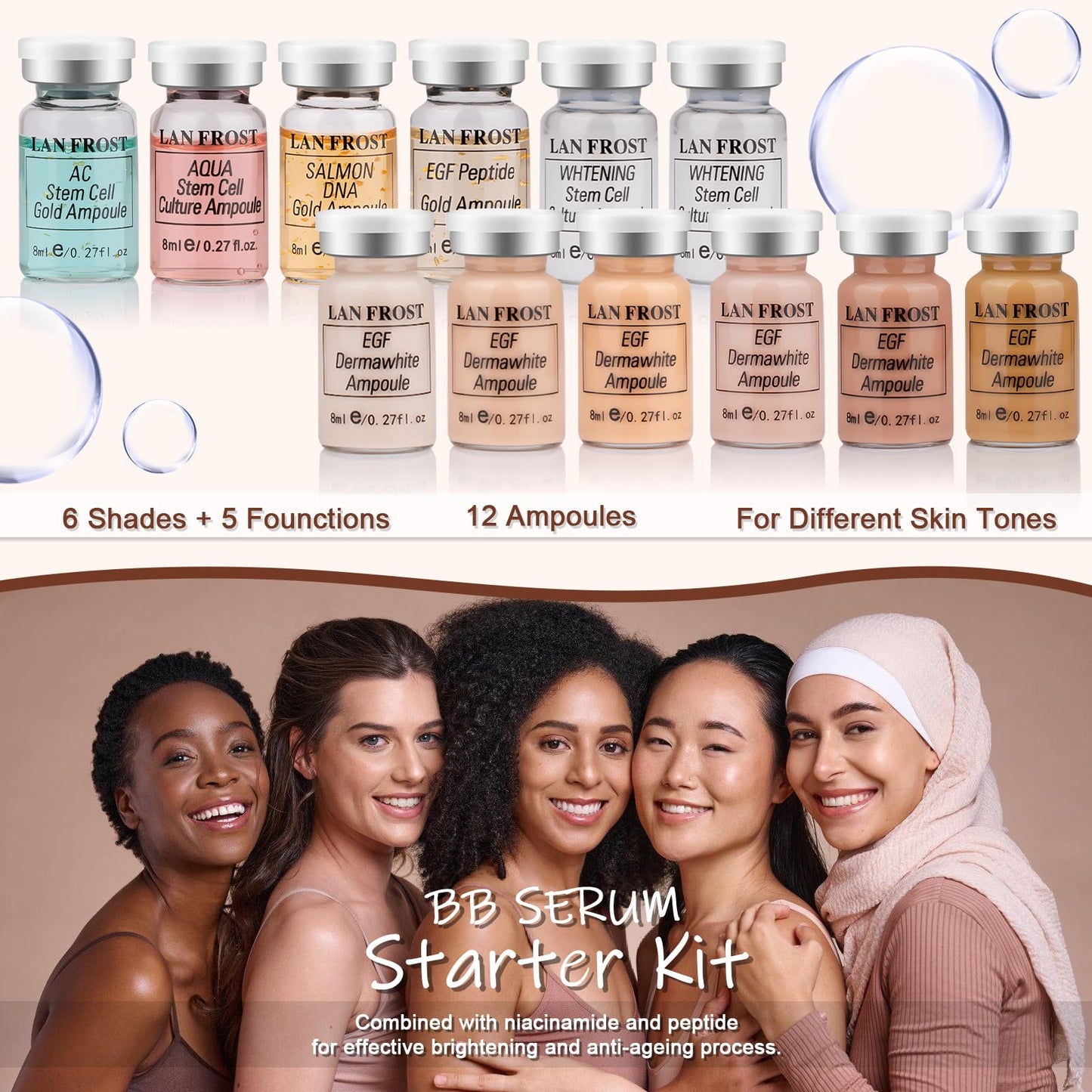 Facial Glow Starter Kit Hyaluronic Acid Serum Foundation Skincare Mix Kit 0.27oz Hyaluronic Ampoule and Essence Foundation, 12 Vial Pigment Skincare Kit with Serum