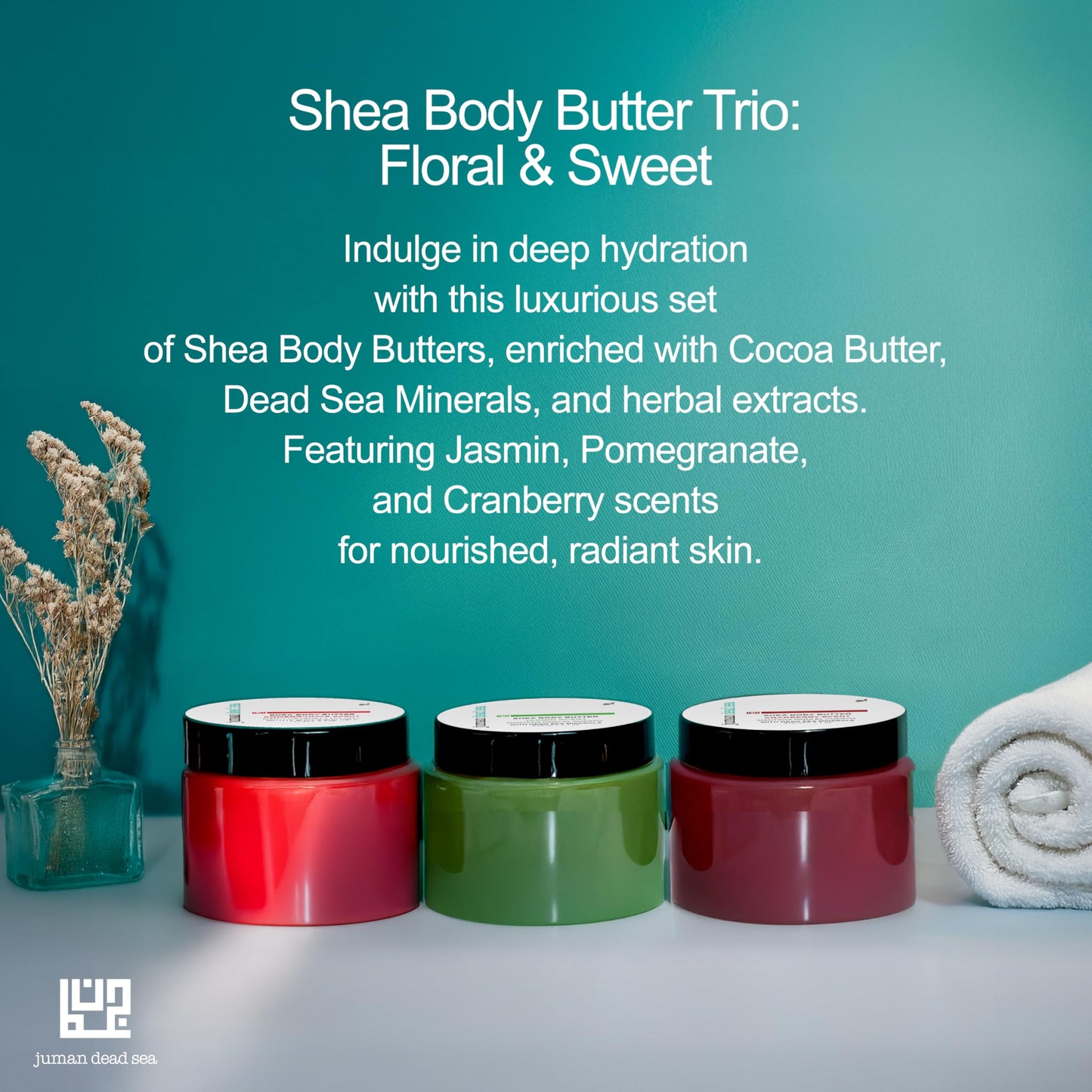 JUMAN Dead Sea Minerals Shea Butter Moisturizer Bundle | Infused with Vitamin E and Plant Extracts | Free from Harmful Ingredients | Suitable for All Skin Types | Bundle of 3
