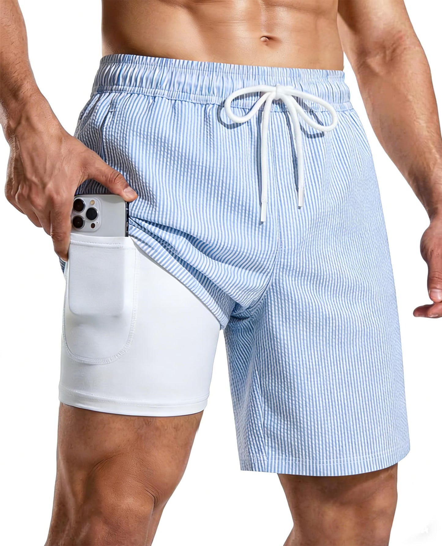 CoozySphere Mens 7 Inch Swim Trunks with Compression Liner and Zipped Pocket Quick Dry Board Shorts Bathing Suit for Beach