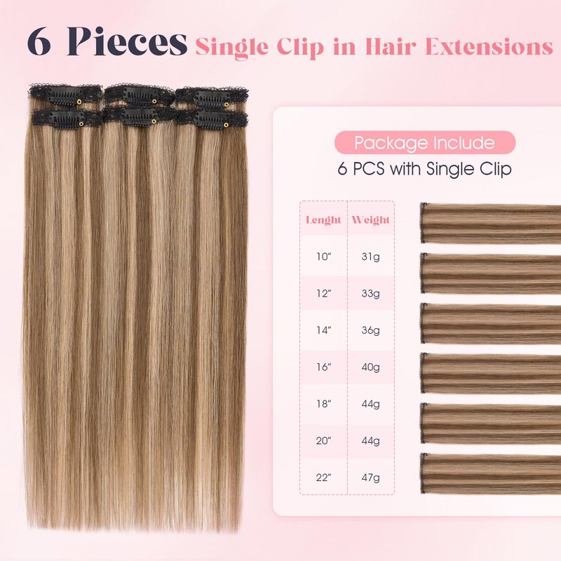 TESS 6PCS Clip in Short Hair Extensions Real Human Hair 6 Single Mini Clips in Extensions Lace Weft Straight Hairpiece for Women Add Highlight and Volume 14 Inch, Chocolate Brown Mixed Light Brown