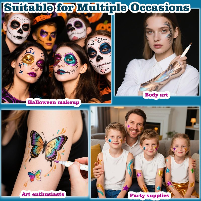 12 Colors Metallic Face Paint Glitter Tattoo Kit, Washable Glittering Face Body Painting Pens for Halloween Makeup Party Festival Clubs Cosplay Costume