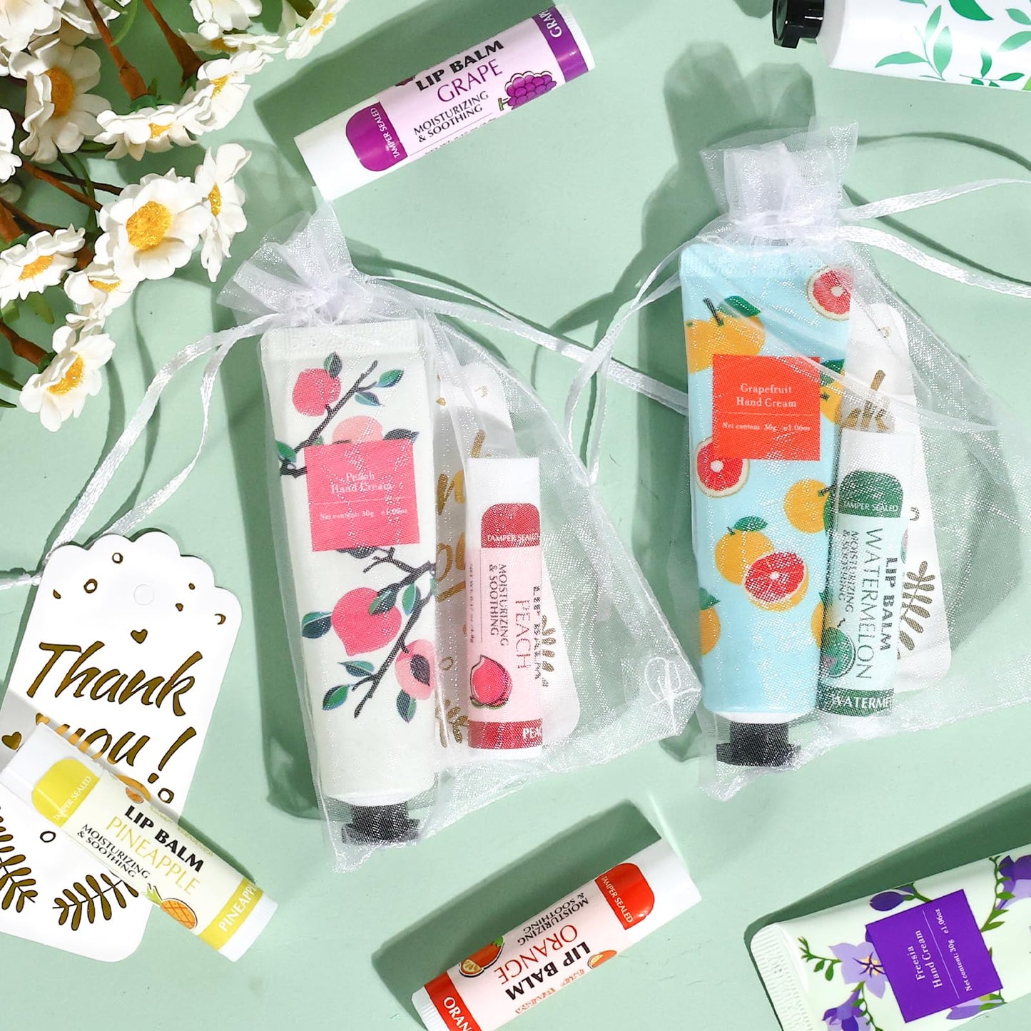 AZEN 50 Sets Bulk Gifts, Hand Cream and Lip Balm Bulk Set with Organza Bag Thank You Card, Baby Shower Wedding Gift for Guests, Bridal Wedding Favors for Guests, Mothers Day Gifts Stocking Stuffers