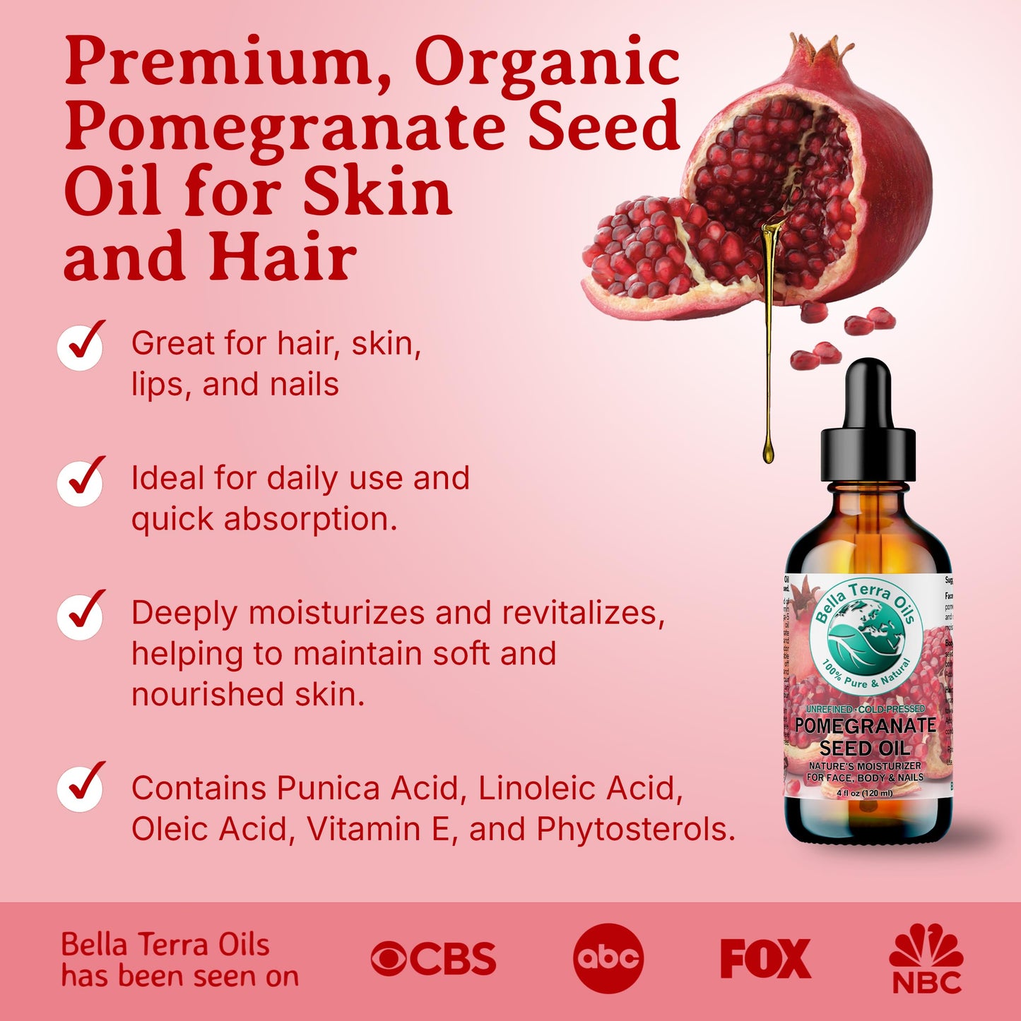 Bella Terra Oils - Organic Pomegranate Seed Oil 16 oz - Revel in the Essence of Punicic Acid & Ellagic Acid, Nature’s Gift for Radiant & Nourished Skin