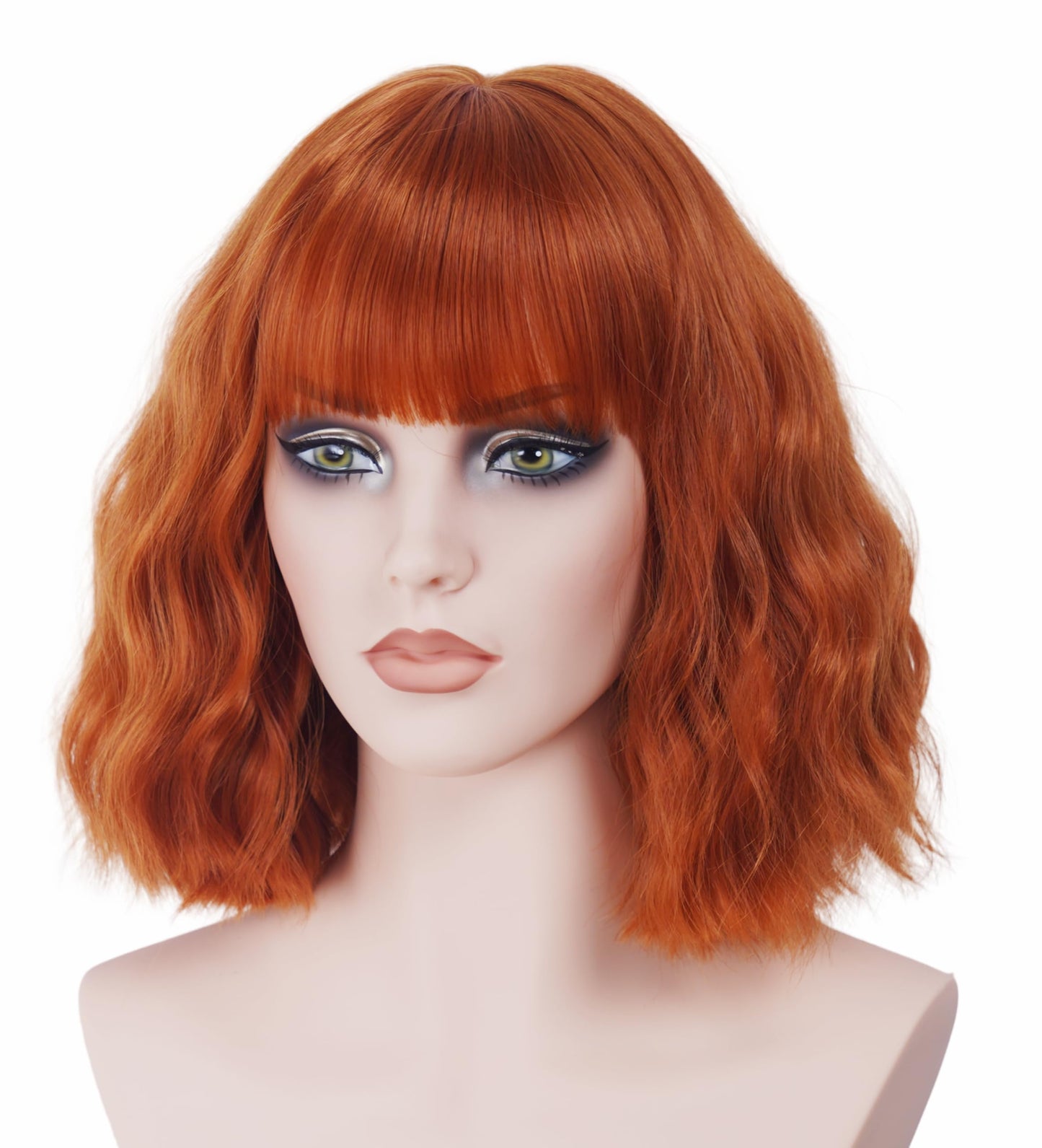 Gerulyss Short Ginger Bob Wig for Women Wavy Shoulder Length Auburn Wig with Bangs Copper Red Synthetic Costume Wig for Halloween,Cosplay,Daily Use