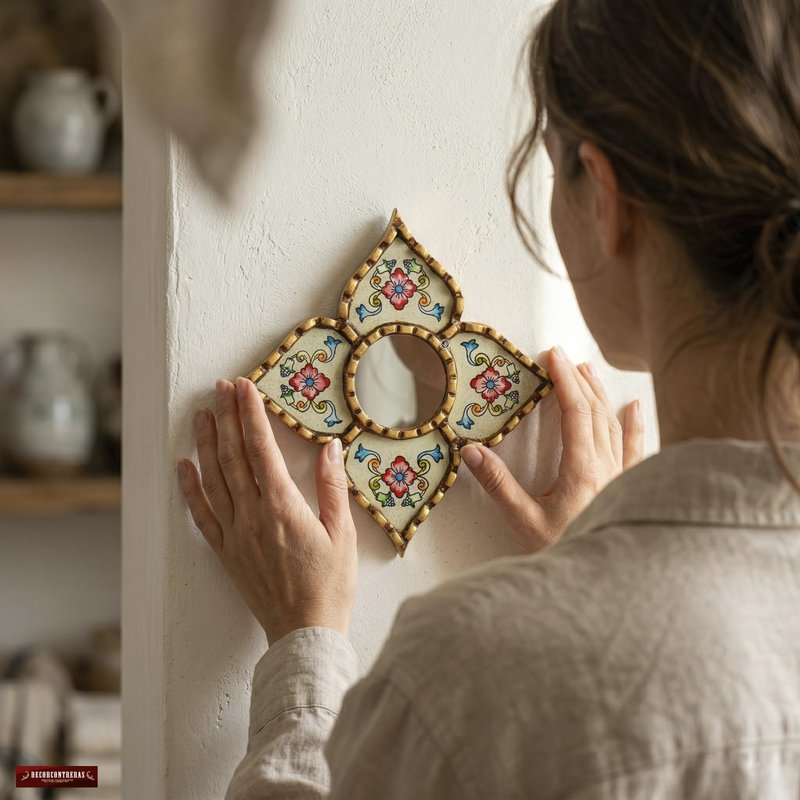 DecorContreras Small Peruvian Mirror, Handmade Artisan Mirror Wall Decor, Reverse Painted Glass Diamond Shape Mirrors 8.26" (Beige)