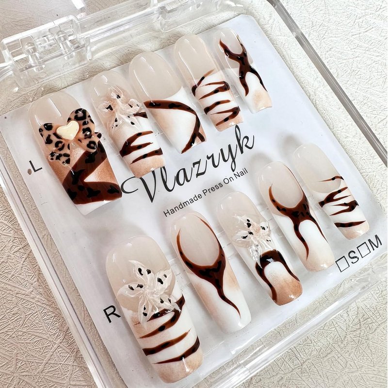 Handmade Press-On Nails - Long Square French False Nails with Charms | 3D Flower, Leopard & Star Designs, Size M
