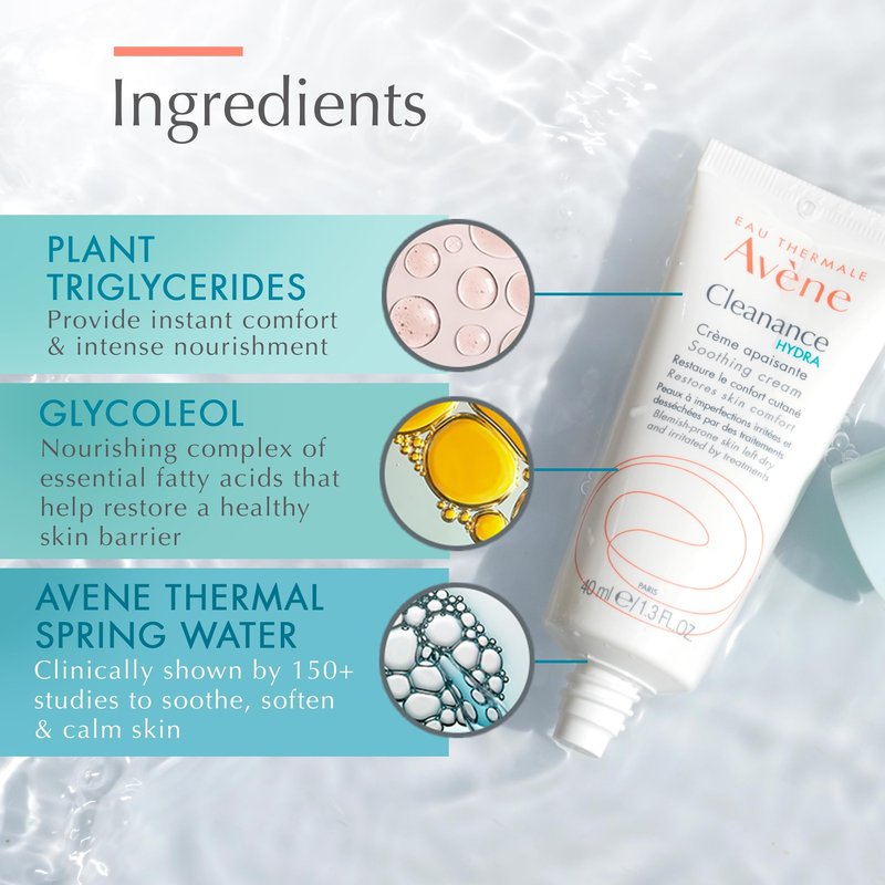 Avène Cleanance HYDRA Soothing Cream, Rich Moisturizer, Adjunctive Care for Drying Acne Treatments, 1.3 oz.