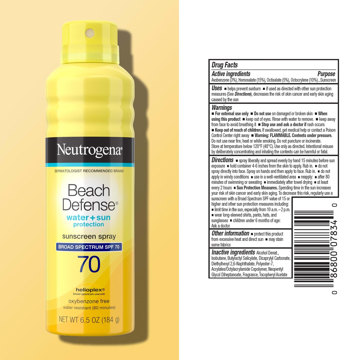 Neutrogena Beach Defense Sunscreen Spray SPF 70 Broad Spectrum UVA UVB Protection Lightweight Water Resistant up to 80 Minutes Oil-Free Beach-Strength Sun Protection for Whole Family, 6.5 oz