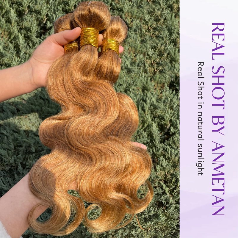 ANMETAN #27 Honey Blonde Bundle Human Hair Body Wave, 13A Color 27 Human Hair 1 Bundle Deal Silky and Soft 100% Unprocessed Brazilian Virgin Hair Extensions Blonde Double Weft for Black Women 14 Inch