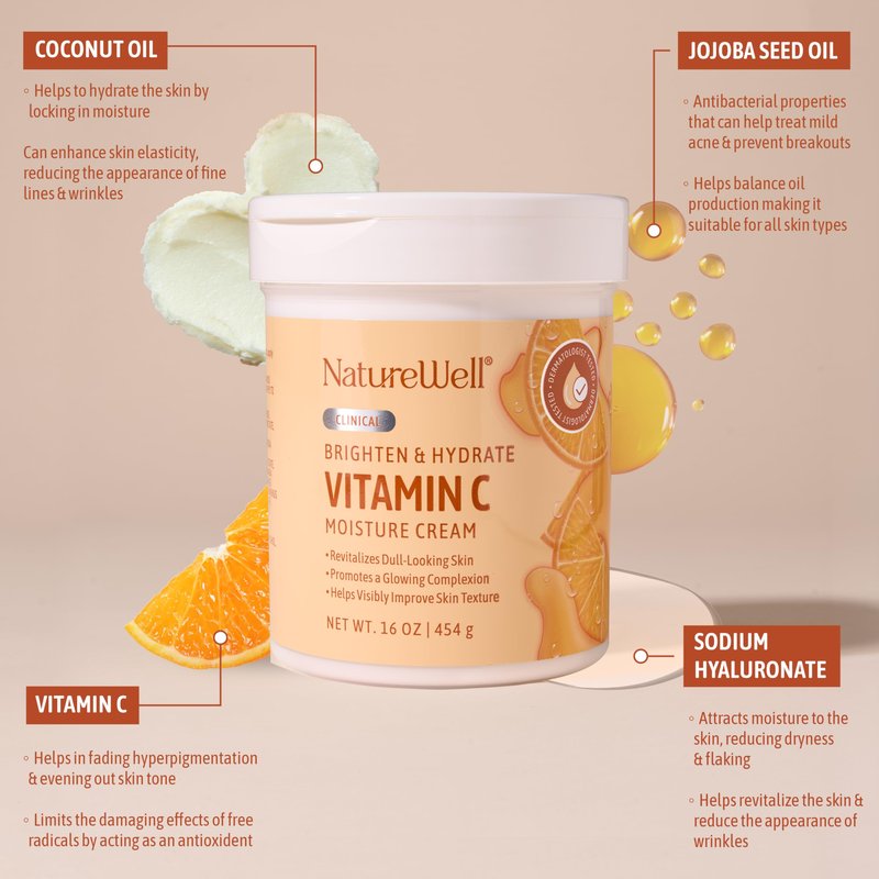 NATURE WELL Vitamin C Brightening Moisturizer Cream, Face & Body Lotion with Coconut Oil, Helps Improve Uneven Skin Tone & Dark Spots, Anti-Aging Lotion for Smooth Radiant Skin, 2 Pack (10 Oz Each)