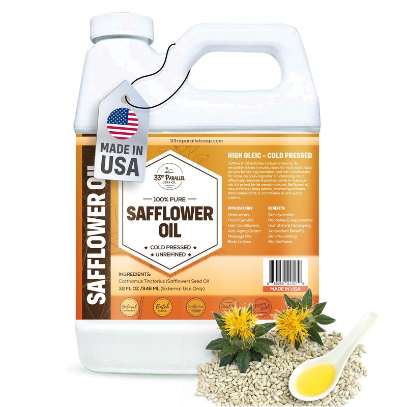 ORGANIC SAFFLOWER OIL (32 oz) Premium Cold Pressed Unrefined High Oleic 100% Pure Safflower Oil for Skin, Face, Hair, Soap Making | Carrier for Essential Oils | Available in Bulk | 32 FL OZ