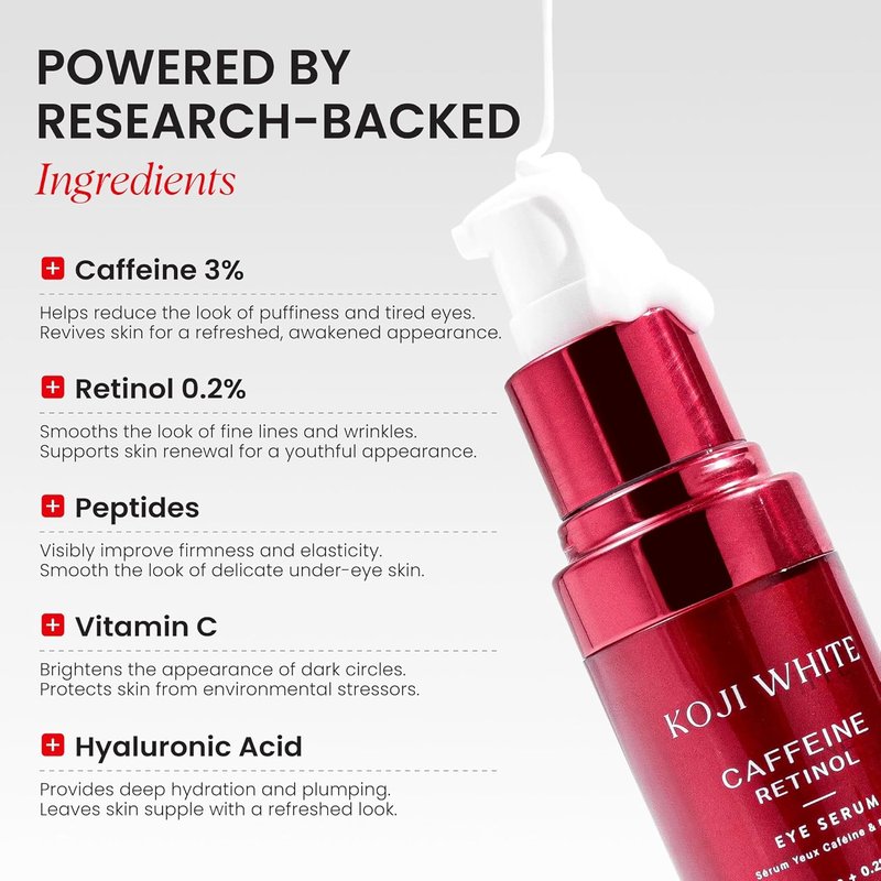 Koji White Caffeine Eye Serum - Reduce Puffiness & Dark Circles with Retinol, Peptides & Vitamin C | Fragrance-Free, Vegan, 0.50 Fl Oz