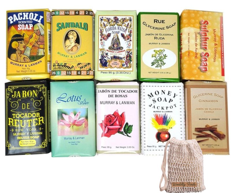Worldly Finds Florida Water Soap Bar Set Every Variety 10 Pack, Florida Water Spiritual Cleansing Scents: Sandalwood, Sulphur, Money, Rue, Pacholi, Reuter, Rose & Exfoliating Soap Saver Bag
