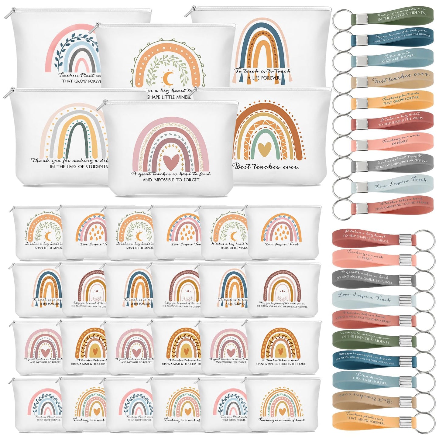 Hillban 60 Pcs Teacher Appreciation Gifts Bulk for Women 30 Rainbow Canvas Makeup Bags 30 Motivational Quotes Keychains Thank You Classroom Gift for Teachers Day Coworker Employee