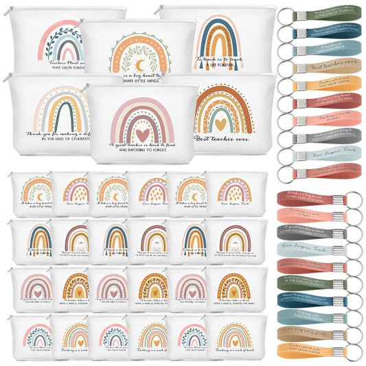 Hillban 60 Pcs Teacher Appreciation Gifts Bulk for Women 30 Rainbow Canvas Makeup Bags 30 Motivational Quotes Keychains Thank You Classroom Gift for Teachers Day Coworker Employee