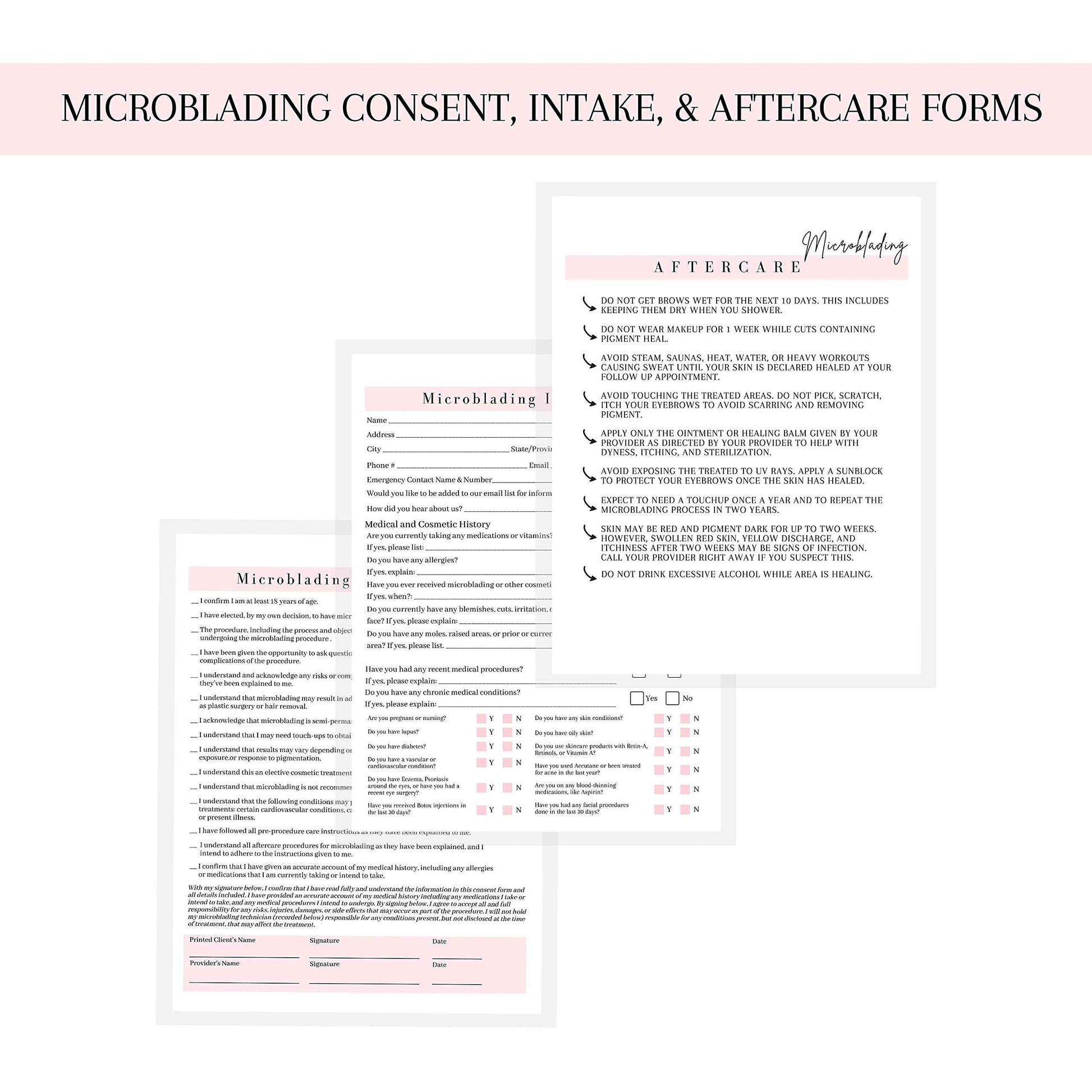 Microblading Intake, Consent, and Aftercare Form | Printed Physical 8.5 x 11" A1 Forms | Clients Signature | White and Pink Design