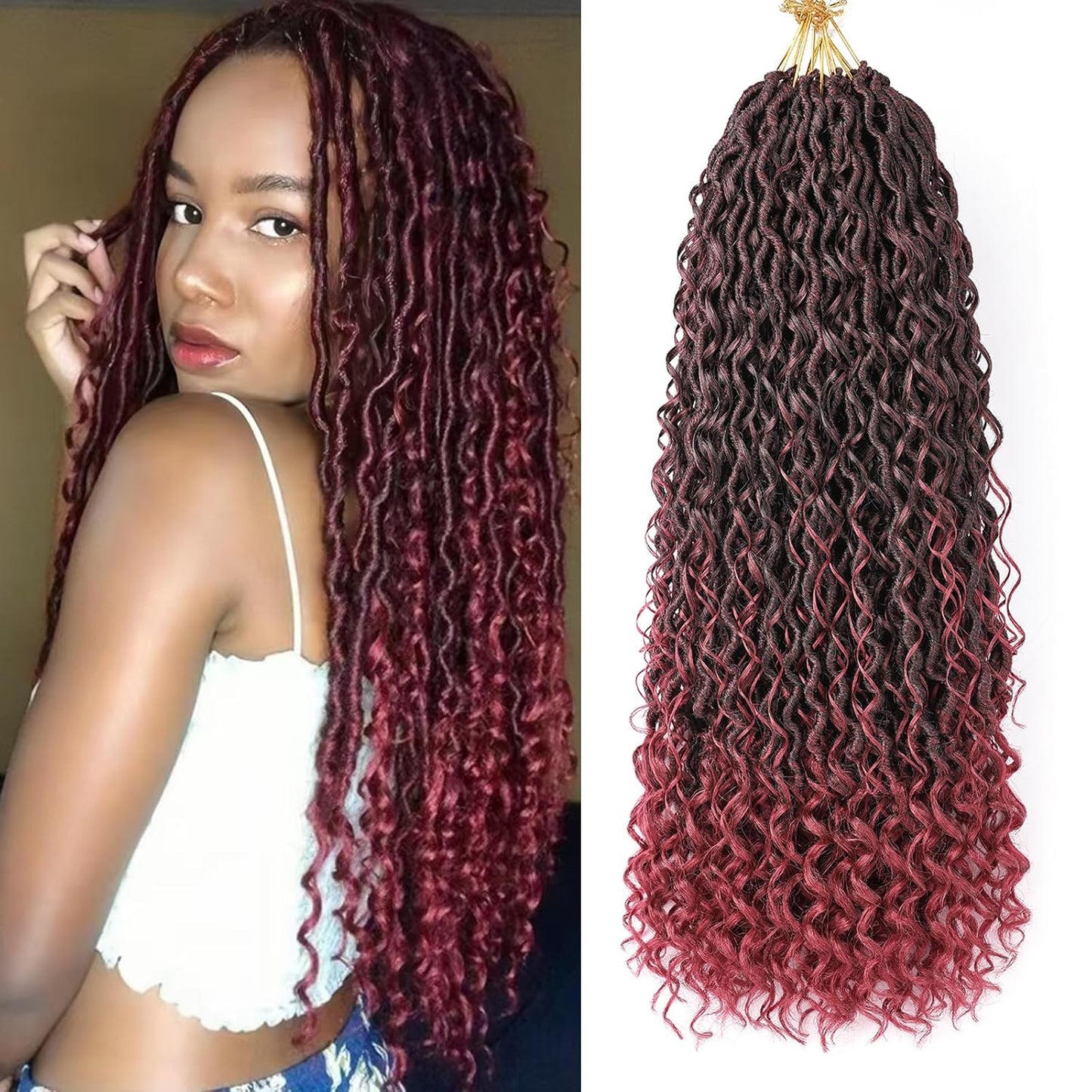 Ombre Burgundy Red Boho Goddess Locs Crochet Hair - 22 Inch, 8 Packs Synthetic Faux Locs with Curly Ends