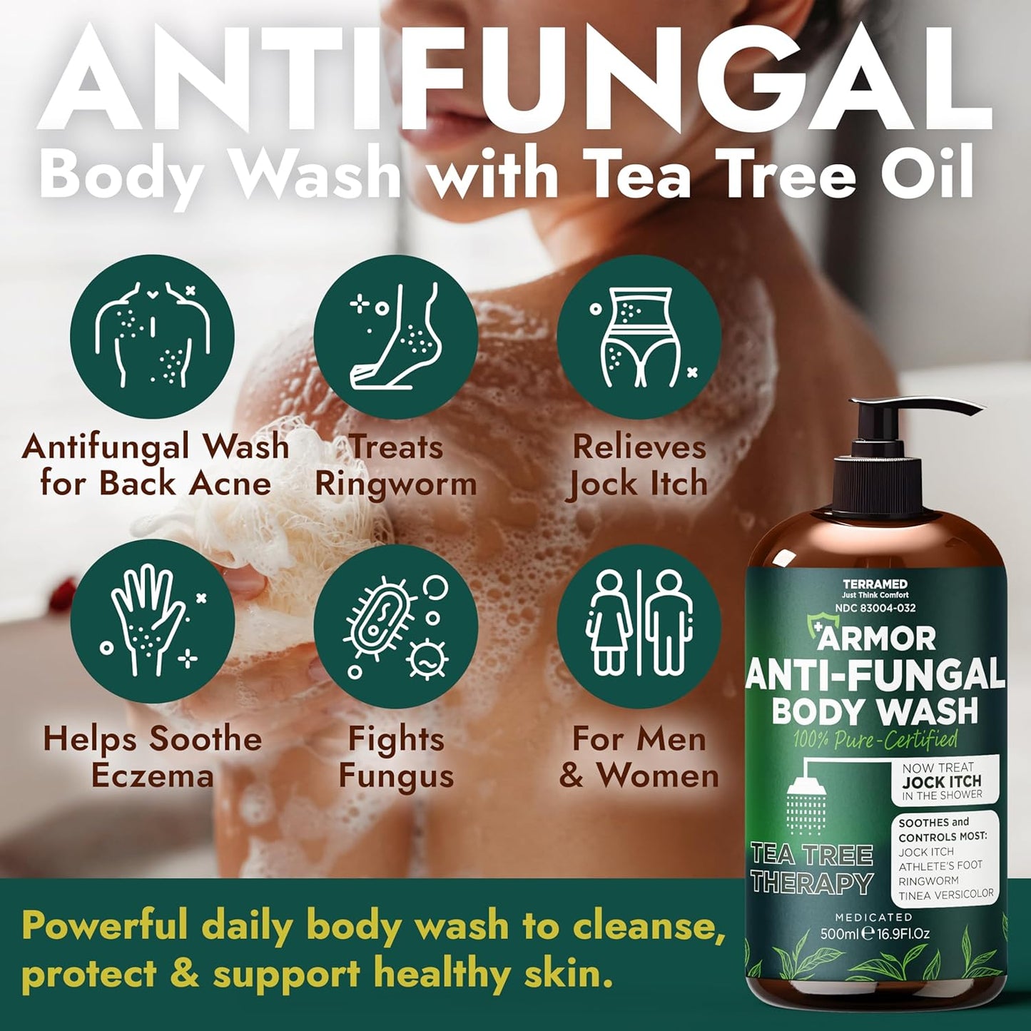 Antifungal Body Wash with Tea Tree Oil - Treat Back Acne, Ringworm & Eczema | Includes Silicone Scrubber (16.9 oz)