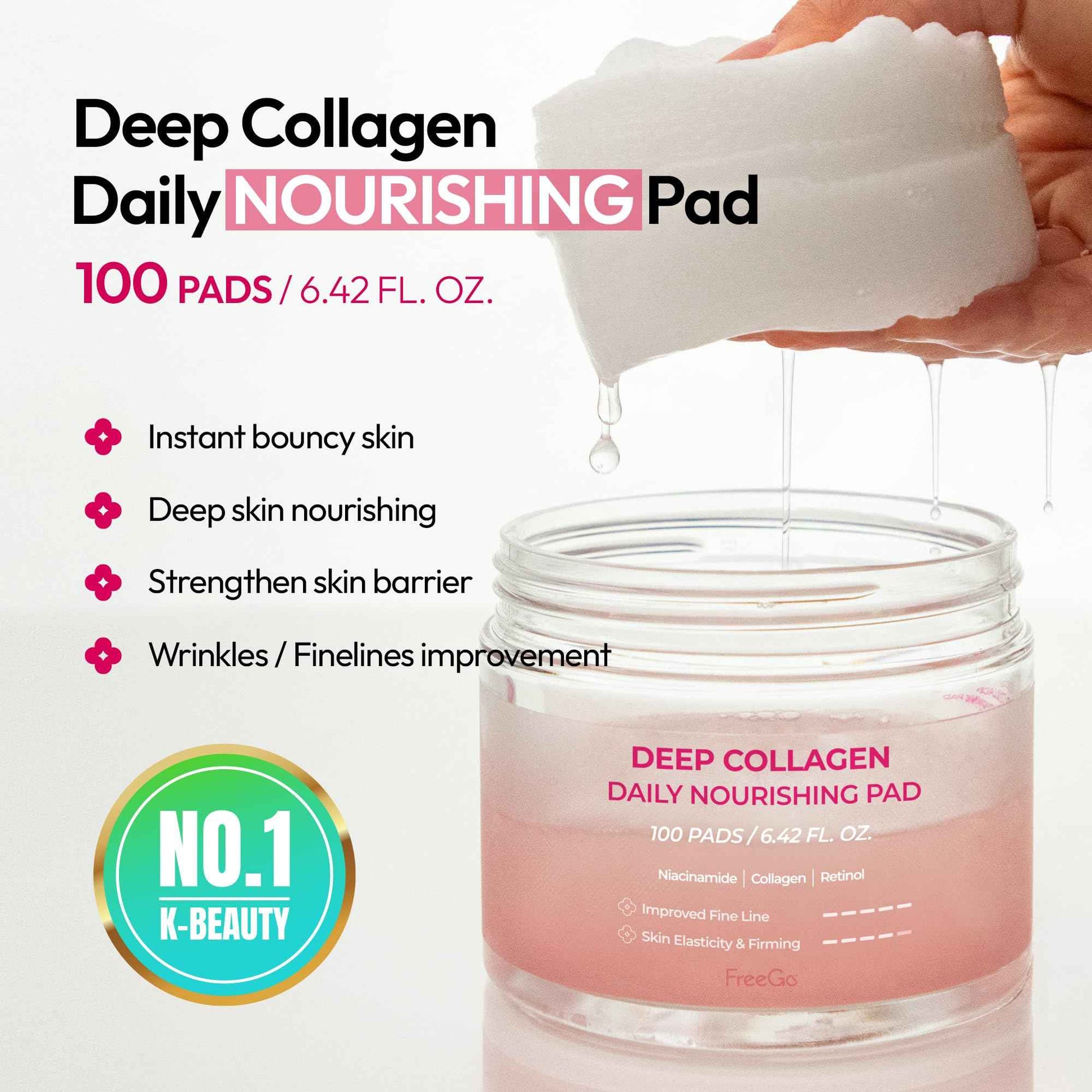 FreeGo Deep Collagen Daily Nourishing Pad (100 Pads), K-Beauty Facial Toner Pads for Dull and Coarse Skin, Instant Bouncy Skin Firming