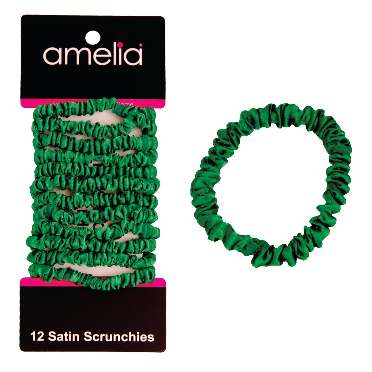 Amelia Beauty, Black, Skinny Satin Scrunchies, 12 Pack – 2in Diameter, Gentle & Strong Hold, No-Snag, No-Dent, Crease-Free Hair Ties
