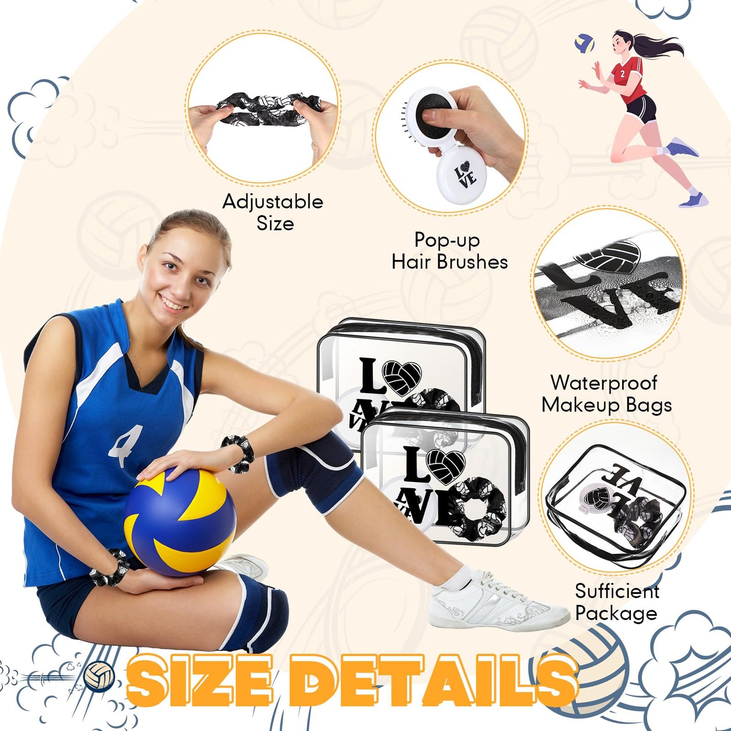 Yungyan 36 Pcs Volleyball Gifts 12 Volleyball Makeup Bag for Women Party Favors Team Gifts with 12 Sport Hair Scrunchies 12 Round Portable Folding Brush
