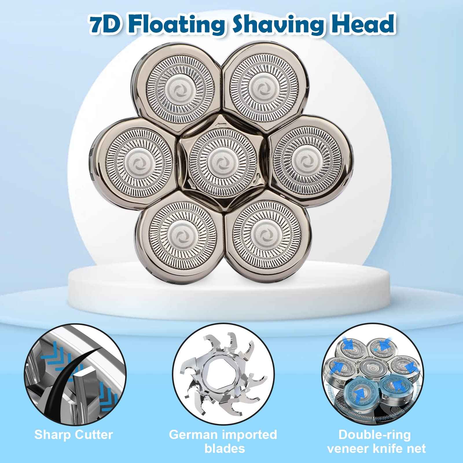Electric Shaver Replacement Heads 7D - 7 Blades Head Shaver Replacement Heads Universal Stainless Steel Rotary Blade Refills for Bald Head Razor for Men (Silver Gray)