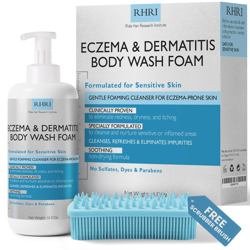 Eczema Body Wash Sensitive Skin | Eczema Treatment | Foaming Cleanser For Eczema Prone Skin | Soothes Dryness & Itching, Gentle On Dermatitis, Sulfate-Free With Free Scrubber Brush