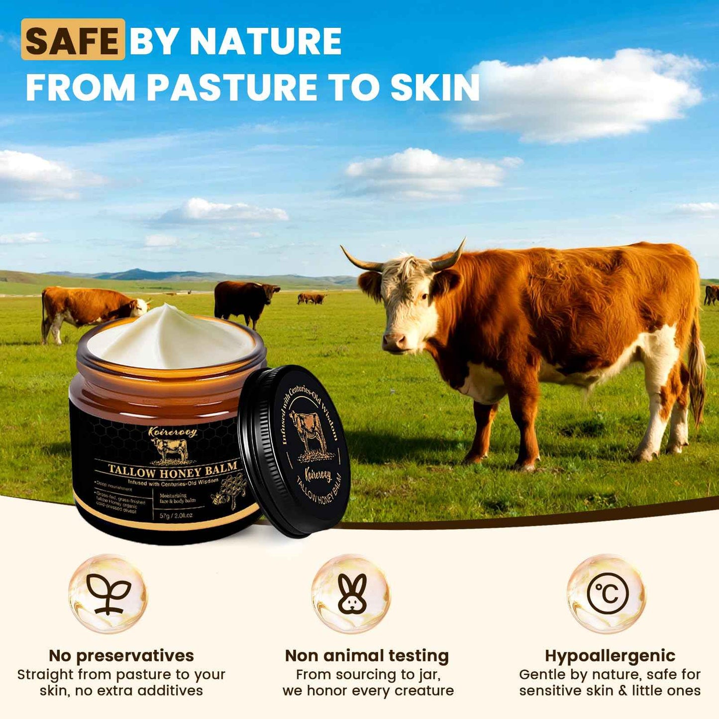 Koirerooy Beef Tallow for Skin, Organic Grass-Fed Beef Tallow and Honey Balm for Face, Natural Formula for Dry Skin (unscented) (2.0Fl Oz, Unscented)