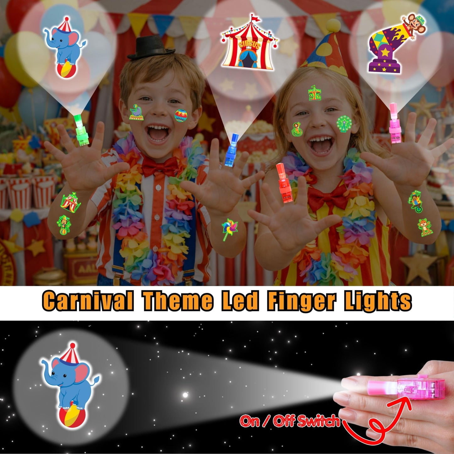 72 PCS Carnival Party Favors – 48 PCS Luminous Tattoos & 24 PCS LED Finger Lights Combo – Birthday Goodie Bag Fillers, Party Supplies, Gifts Light Up Toys Glow In The Dark for Boys and Girls