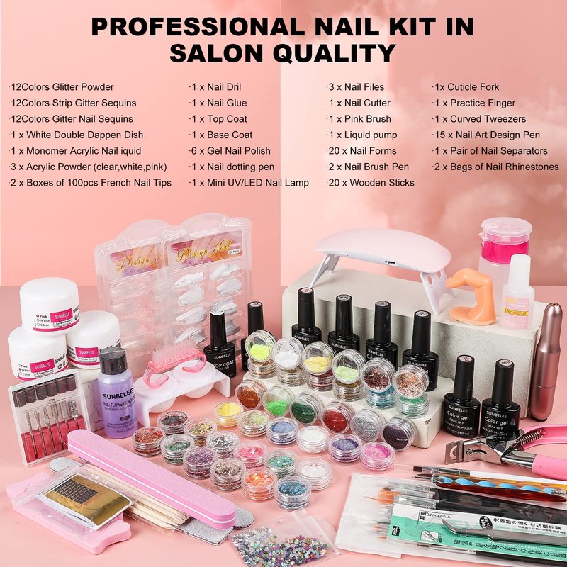 Complete Acrylic Nail Kit with UV LED Light & Drill - All-in-One DIY Manicure Starter Set with 6 Gel Polishes & 36 Glitters - Salon-Quality Nail Art Supplies for Beginners & Home Spa
