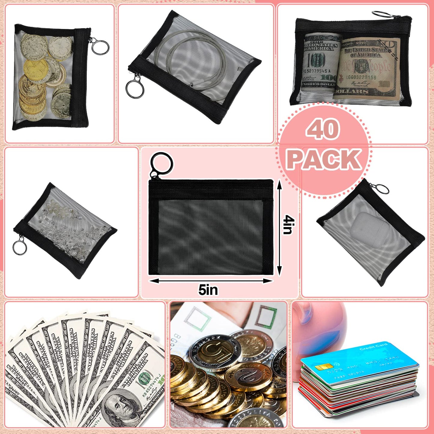Saintrygo 40 Pcs Small Mesh Zipper Pouch Bags Mini Cosmetic Coin Purse Pouches Portable Black Nylon Storage Pouch with Keychain for Women Travel Makeup Cosmetic Storage
