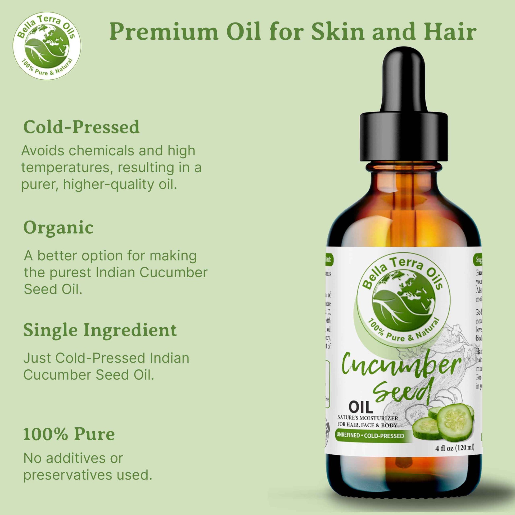 Bella Terra Oils - Cucumber Seed Oil 8 oz - Harness the Potent Nutritional Profile of Cucumber, Loaded with Vitamin K & Biotin, Luminous Skin Beckons