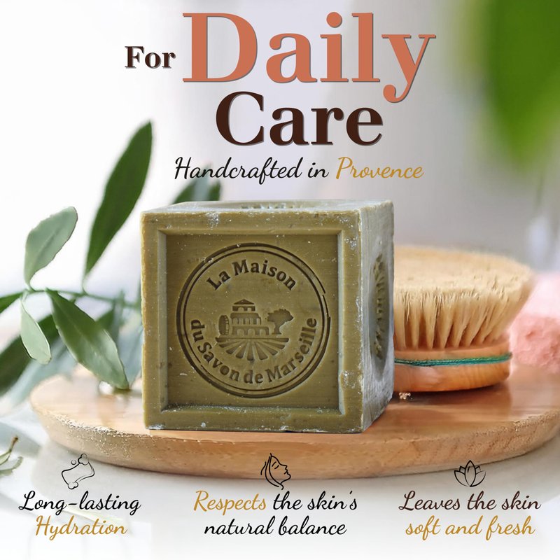 Authentic Savon de Marseille Soap – French Milled Bar Soap with Saponified Olive Oil – Fragrance-Free, 100% Natural Ingredients – For Body, Face, Hands & Home – Cleanser Made in France - 3x10.6 oz