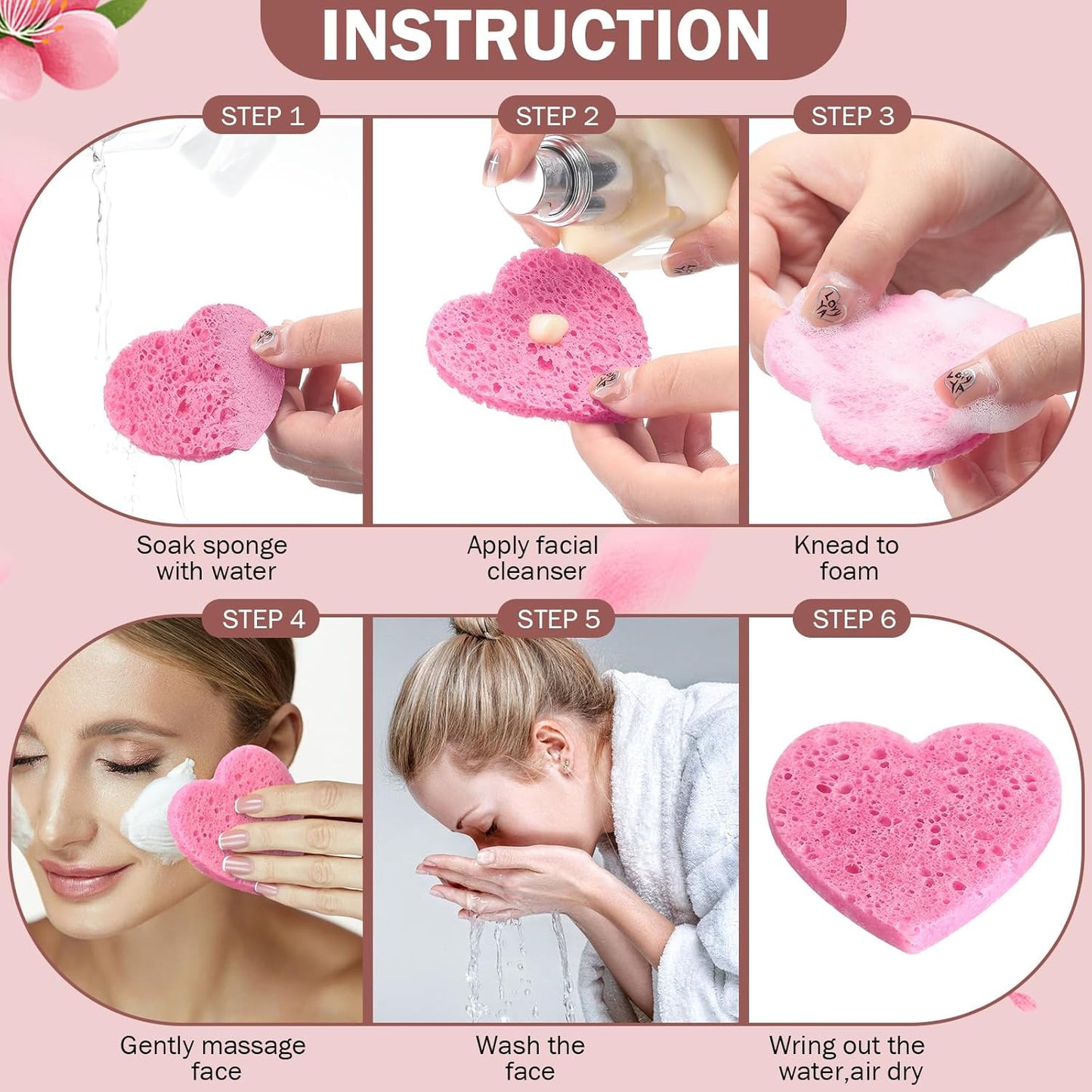 Heart Shape Facial Sponges - 300 Count Compressed Cleansing Pads | Natural Exfoliating for Estheticians (Pink)